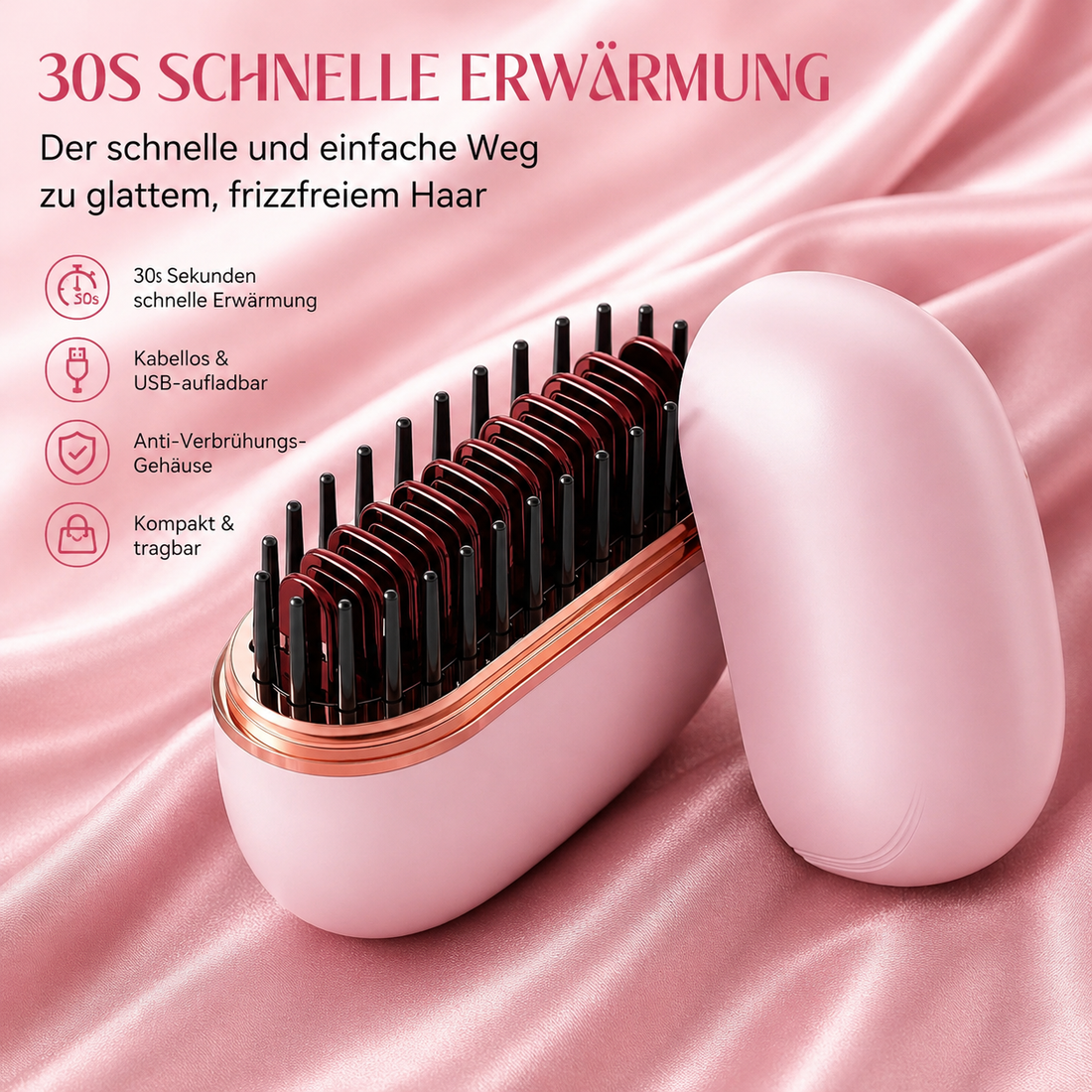 Mini Haarglätter Bürste – Kabellos, Wiederaufladbar, Tragbar, USB-Ladung, Anti-Scald Schutz, Portable Glättbürste