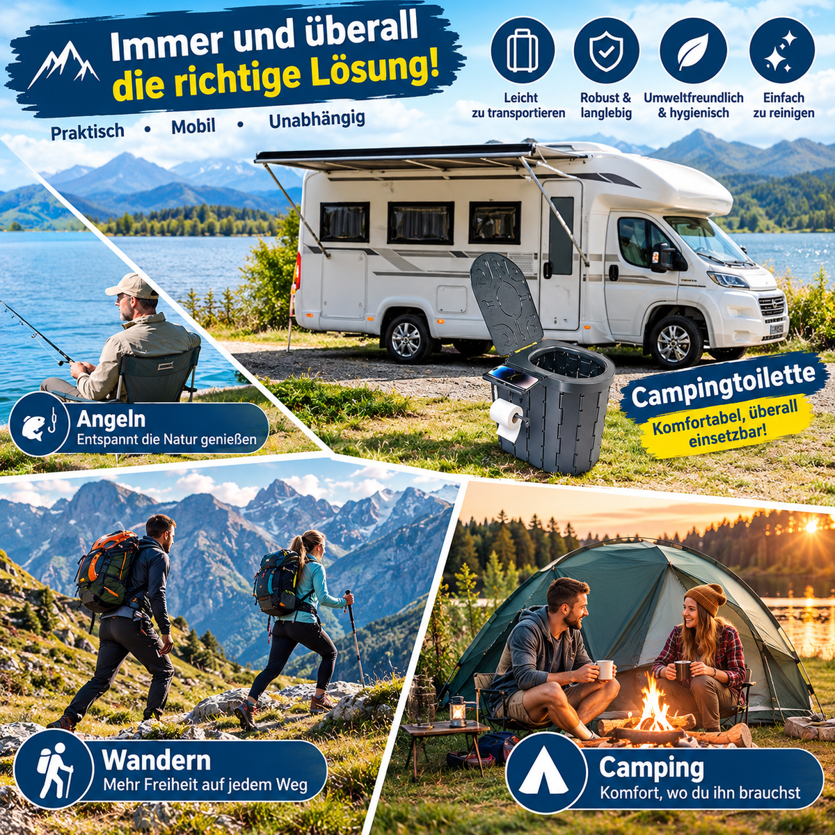 Tragbare Campingtoilette mit Komfortsitz &amp; Toilettenpapierhalter