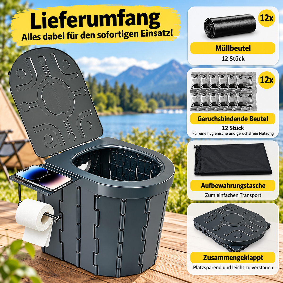 Tragbare Campingtoilette mit Komfortsitz &amp; Toilettenpapierhalter