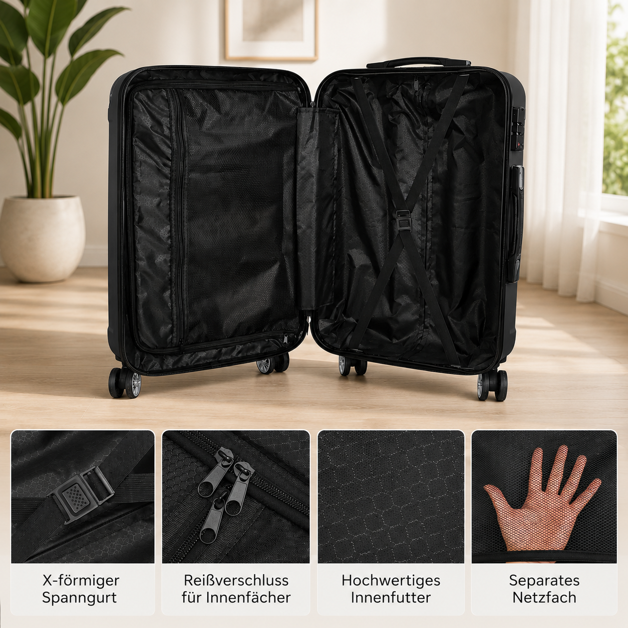Comanlai 3-teiliges ABS-Hartschalen-Kofferset mit TSA-Schloss – Schwarz