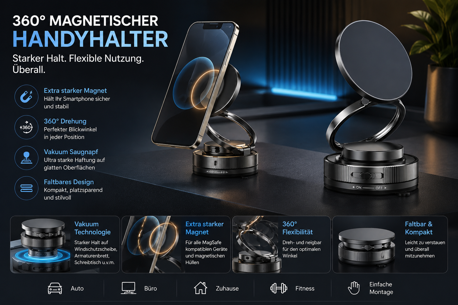 360° Magnetischer Handyhalter mit Vakuum-Saugnapf – Faltbar, Extra Starker Halt für Auto &amp; Schreibtisch