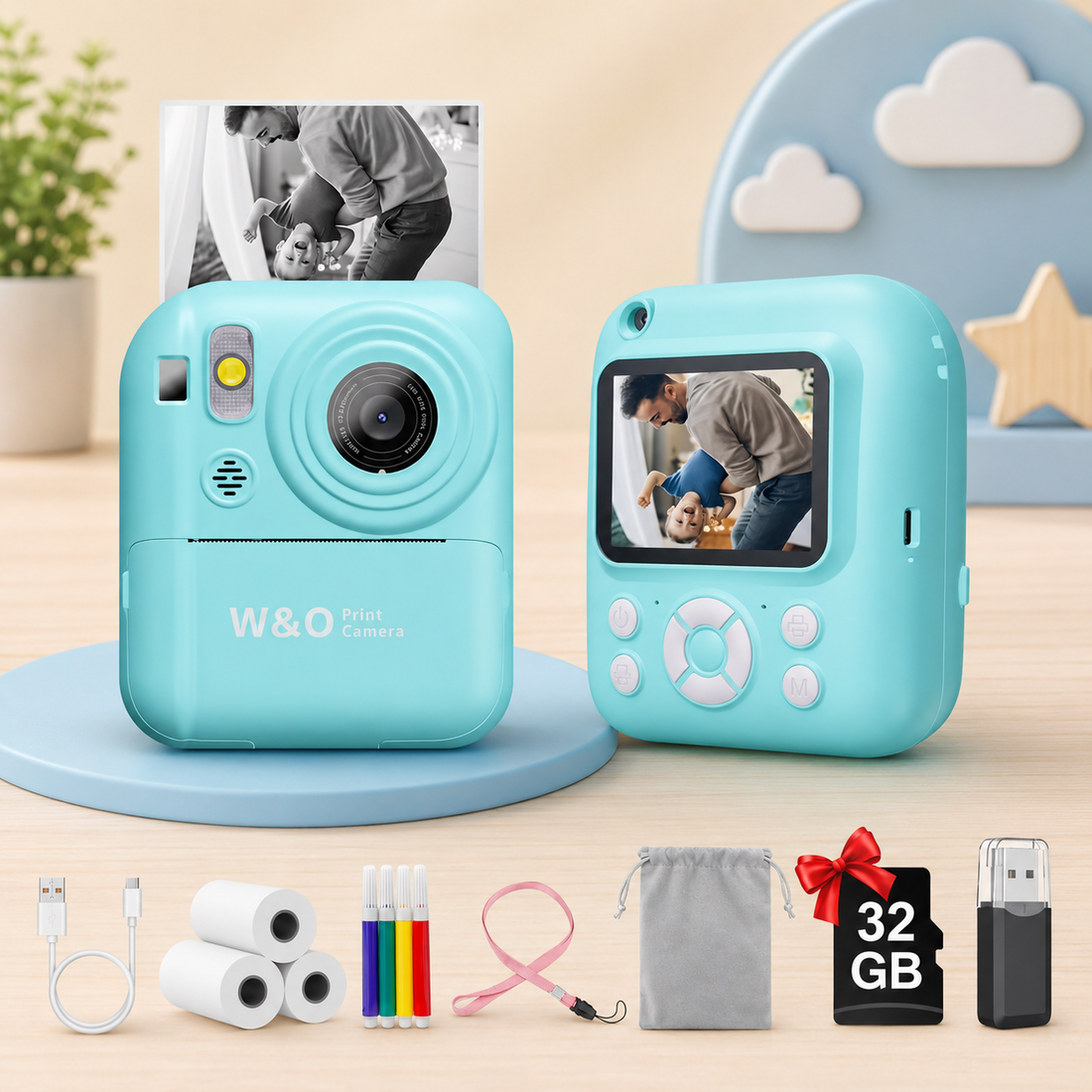Kinder Sofortbildkamera 2,4" – 1080P HD, Dual-Kamera, MP3, inkl. 3 Papierrollen