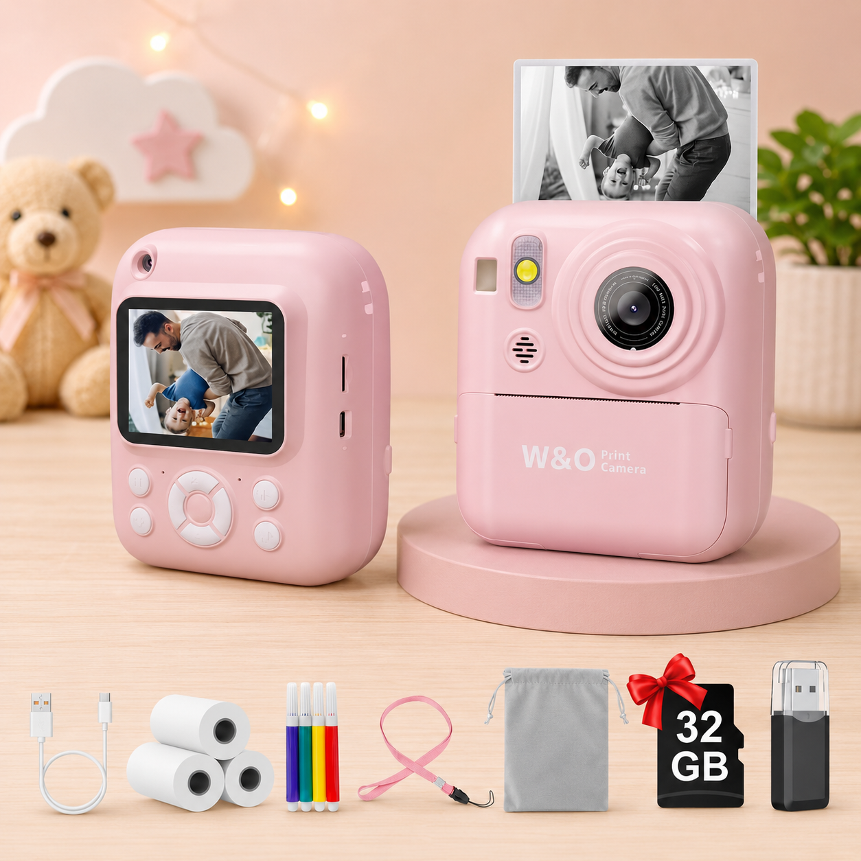 Kinder Sofortbildkamera 2,4" – 1080P HD, Dual-Kamera, MP3, inkl. 3 Papierrollen