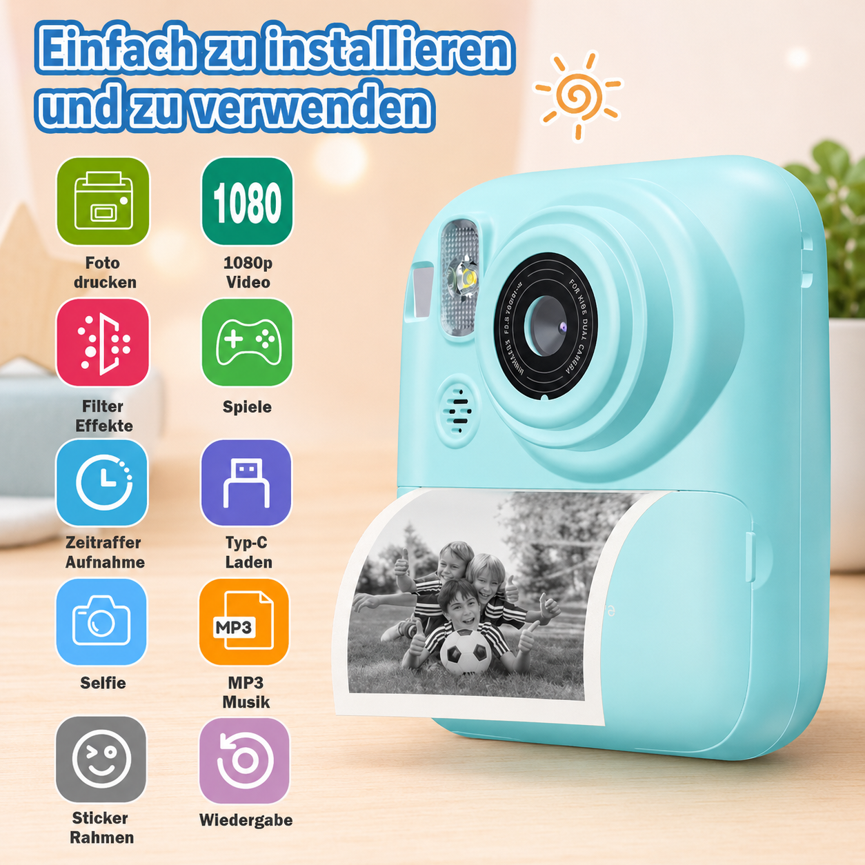 Kinder Sofortbildkamera 2,4" – 1080P HD, Dual-Kamera, MP3, inkl. 3 Papierrollen