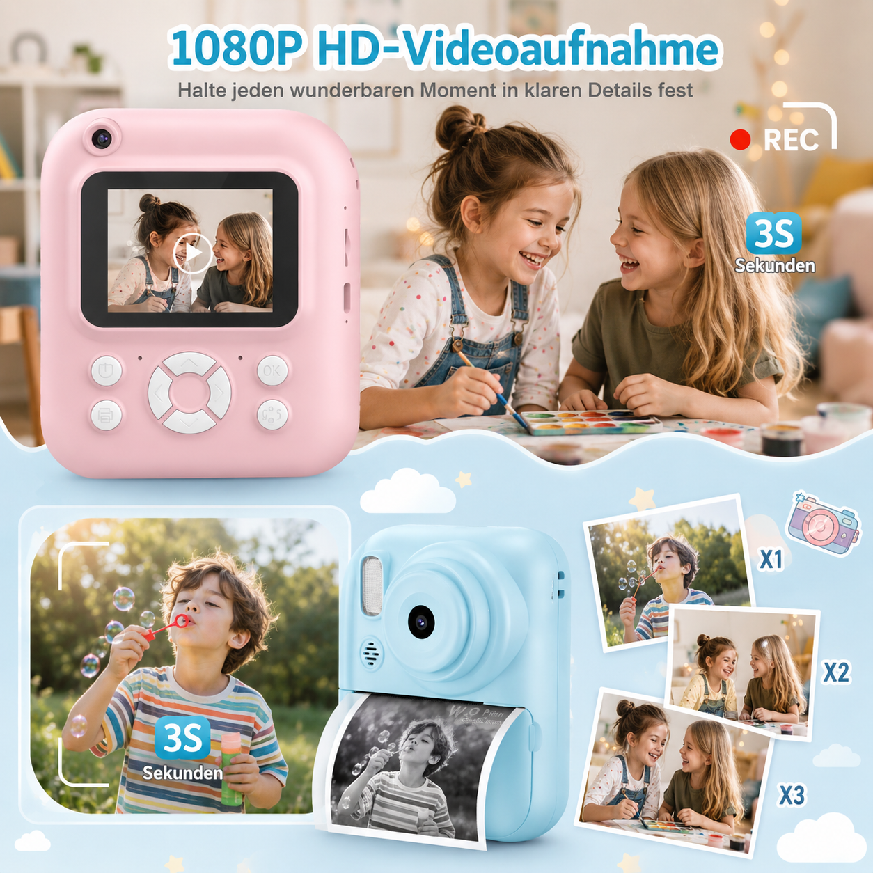 Kinder Sofortbildkamera 2,4" – 1080P HD, Dual-Kamera, MP3, inkl. 3 Papierrollen