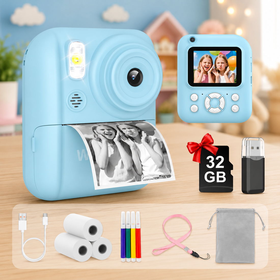 Kinder Sofortbildkamera 2,4" – 1080P HD, Dual-Kamera, MP3, inkl. 3 Papierrollen