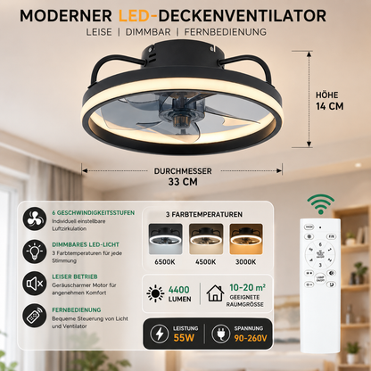 LED Deckenventilator mit Beleuchtung, 6 Geschwindigkeitsstufen, Dimmbar, Leise, Fernbedienung – Für Schlafzimmer, Wohnzimmer, Esszimmer und Arbeitszimmer