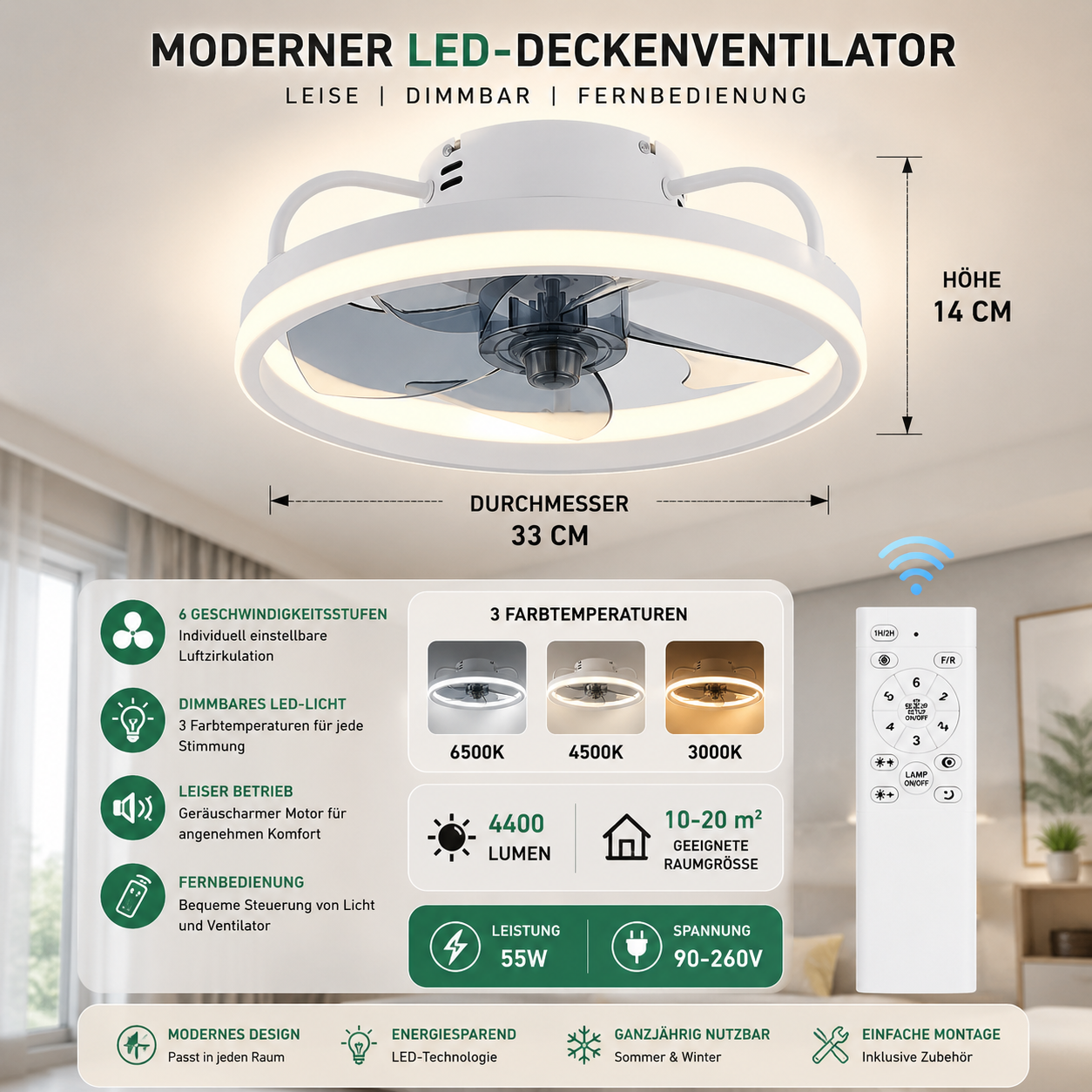 LED Deckenventilator mit Beleuchtung, 6 Geschwindigkeitsstufen, Dimmbar, Leise, Fernbedienung – Für Schlafzimmer, Wohnzimmer, Esszimmer und Arbeitszimmer