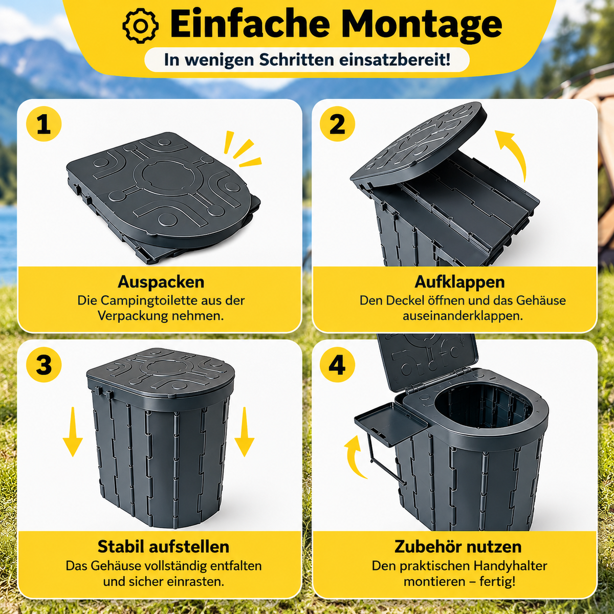 Tragbare Campingtoilette mit Komfortsitz &amp; Toilettenpapierhalter