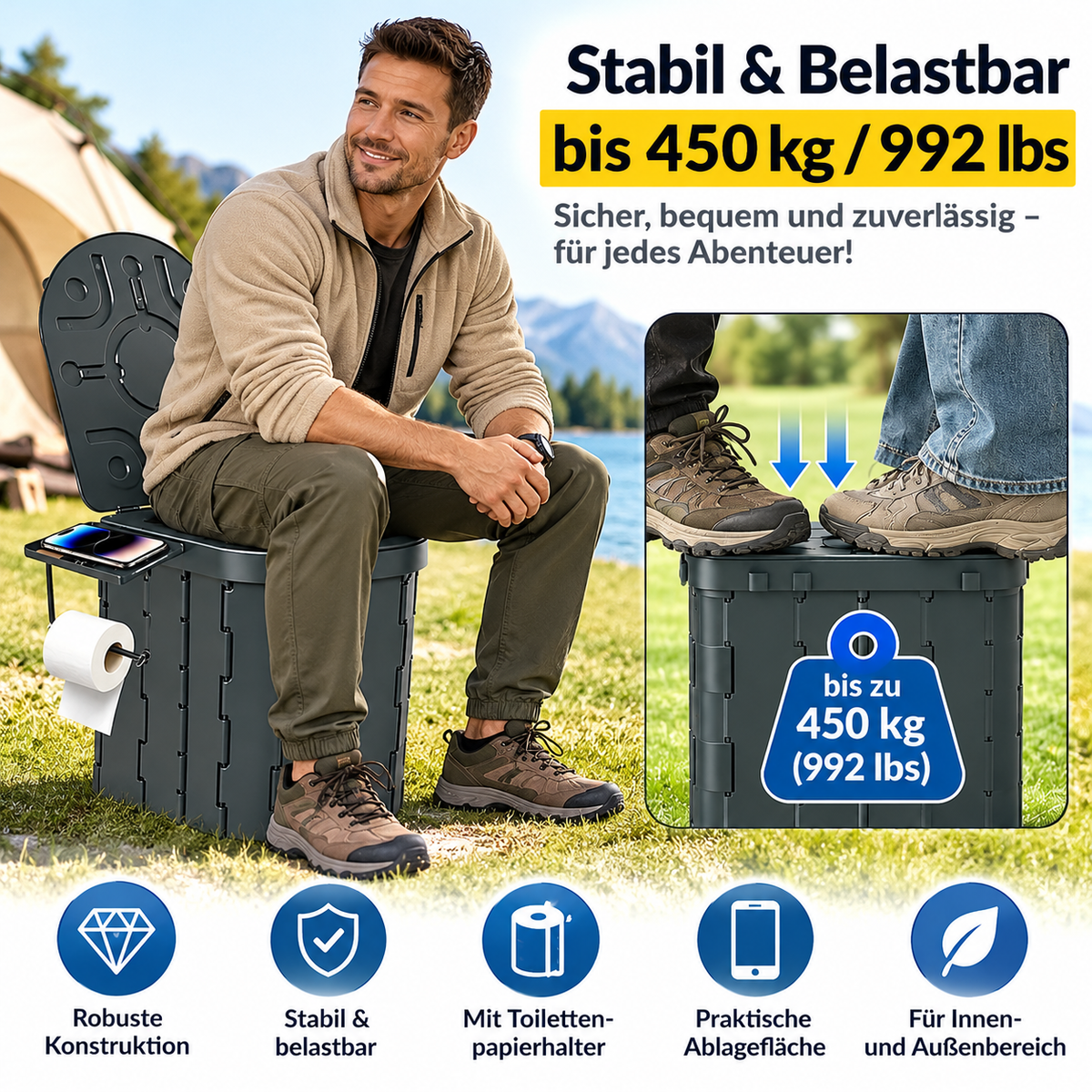 Tragbare Campingtoilette mit Komfortsitz &amp; Toilettenpapierhalter