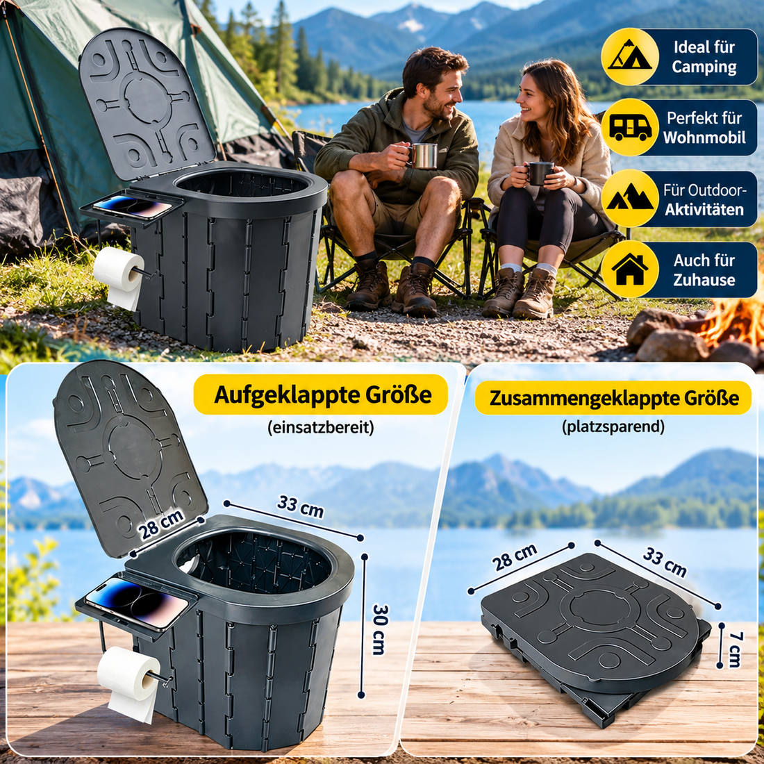 Tragbare Campingtoilette mit Komfortsitz &amp; Toilettenpapierhalter